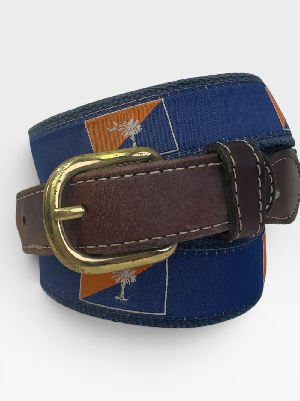Men’s Classic Brown Leather & Canvas Blue  & Orange Belt Palm South Carolina 38”